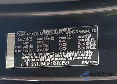 2024 Hyundai Santa Cruz Sel из США, поврежденный, VIN 5NTJB4DE4RH101961